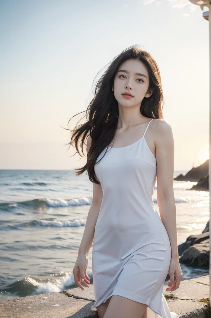 (((best quality))),(((ultra detailed))),(((masterpiece))),illustration,1 girl, solo,slim,flat chest,watching sunrise, seaside,soft light, serene atmosphere,medium straight hair, sparkling blue eyes, fair skin, white sundress, seashell pattern, sandals, cliff edge, azure sea, waves crashing, seagulls soaring, camera in hand, joyful expression, warm sunlight, ethereal presence, peaceful setting,upper body,from front,arms behind back