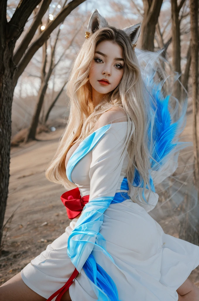 Ahri (League of Legends),wide-shot, a sexy woman, beautiful face, depth of field, business woman, a red and white kimono-inspired dress with gold and blue accents, featuring long sleeves and a short skirt. She has nine white fox tails fanned out behind her, each with a blue glow at the tip. Her hair is long and black with fox ears on top of her head. She has a captivating, mysterious expression, with her bright, enchanting eyes