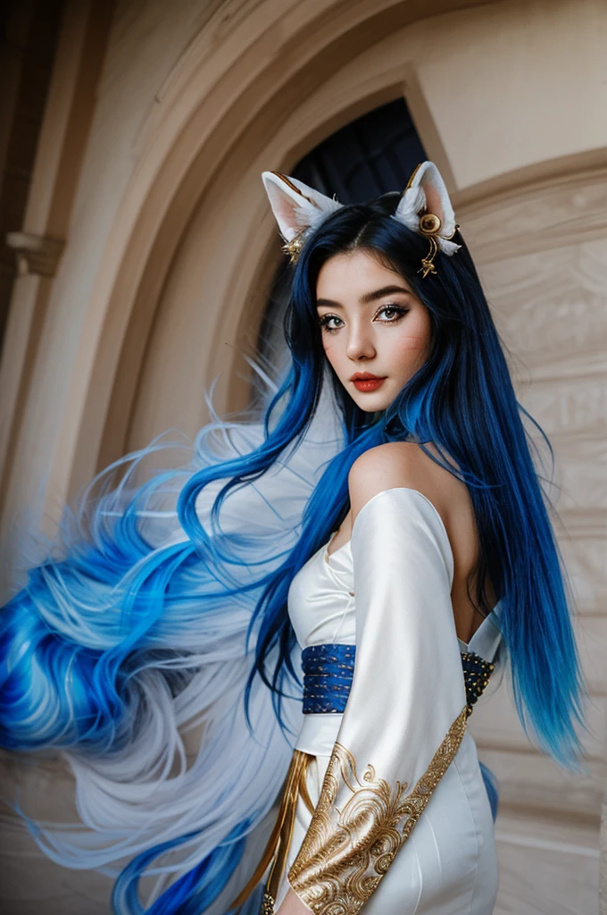 Ahri (League of Legends),wide-shot, a sexy woman, beautiful face, depth of field, business woman, a red and white kimono-inspired dress with gold and blue accents, featuring long sleeves and a short skirt. She has nine white fox tails fanned out behind her, each with a blue glow at the tip. Her hair is long and black with fox ears on top of her head. She has a captivating, mysterious expression, with her bright, enchanting eyes