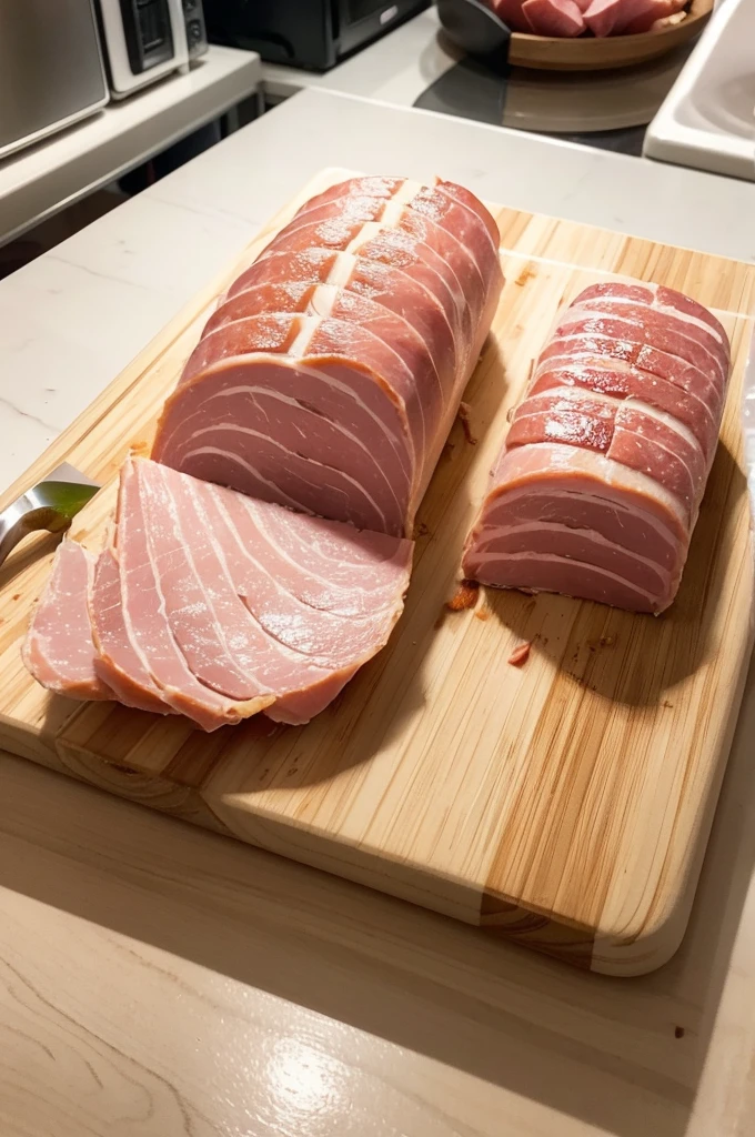 There is a cutting board and a knife on the kitchen countertop, and canned spam ham is taken out. The size of the ham is 5cm wide, 8cm long, and 6cm high. The ham mass is cut in half and has two layers.