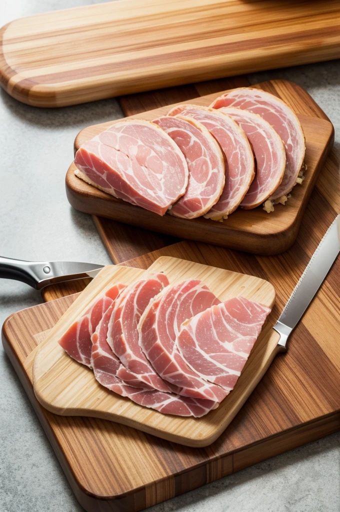 There is a cutting board and a knife on the kitchen countertop, and canned spam ham is taken out. The size of the ham is 5cm wide, 8cm long, and 6cm high. The ham mass is cut in half and has two layers.