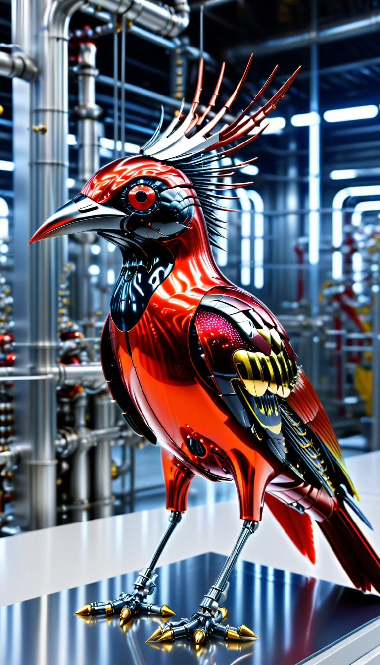 There is no one, Reality Photos, Reality Photos, Realistic photo of a red magpie-like creature, spikes, multicolored sparkling, strange and, Surreal and, the other world, A robotic factory with a shiny assembly plant, intricate details, very sharp, Sophisticated details, Flawless composition, vivid colors, masterpiece, futuristic, metal decoration, The shiny red interior is empty., polished, ray tracing