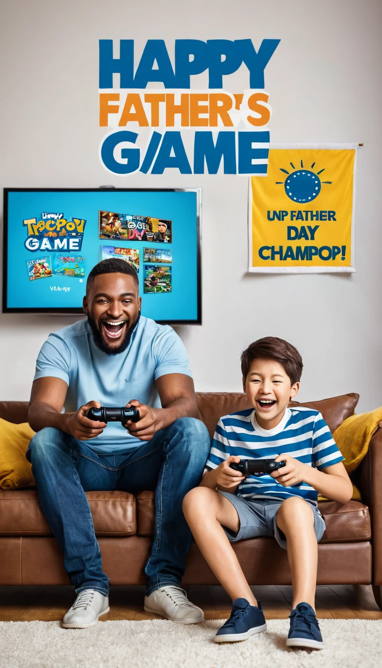 Father and Son Playing Video Games: Illustration of a father and son playing video games together, with a banner that reads "Happy Father's Day Game Champ!".