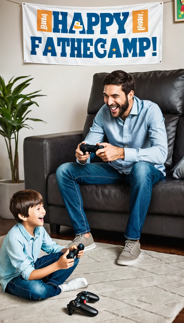 Father and Son Playing Video Games: Illustration of a father and son playing video games together, with a banner that reads "Happy Father's Day Game Champ!".