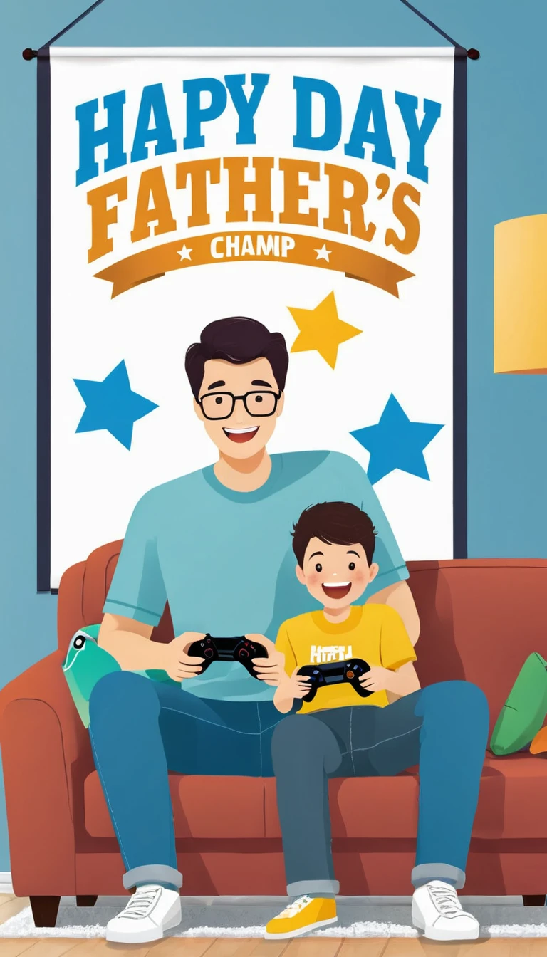 Father and Son Playing Video Games: Illustration of a father and son playing video games together, with a banner that reads "Happy Father's Day Game Champ!".