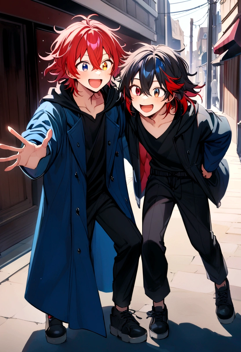 Teenage boy, Messy hair, medium length hair, multicolored black and red hair, black and red eyes heterochromia, excited smile, loose black shirt, black and blue coat, baggy black pants with blue details, a pair of black shoes