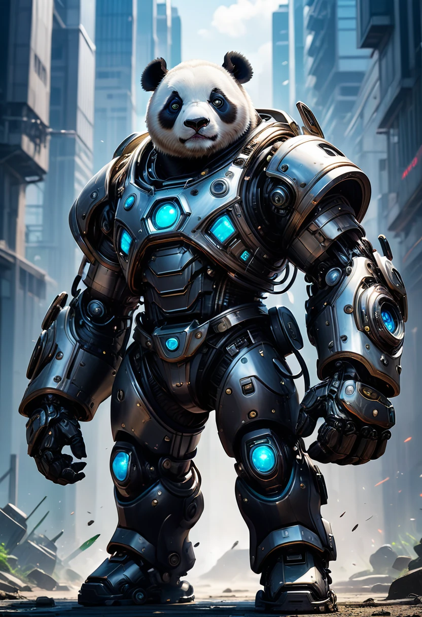 a giant adult-faced furry panda in robot armor, highy detailed, drawn image, complex machinery, futuristic design, glare eyes, dynamic pose, dramatic lighting, swirly vibrant colors, film composition, (best qualityer, 4K, 8K, high resolution, Masterpiece artwork: 1.2 ),ultra detali, アニメ