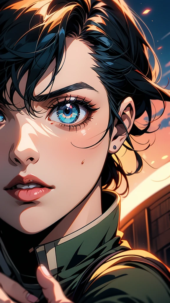 Anime girl with black hair and blue eyes looking at the camera, Attack on Titanより, (Attack on Titanアニメ), Close-up of a young anime girl, Young woman anime visual, Attack on Titan, Today's featured anime is still, Mikasa Ackerman, close!!!!!, Another close-up of Iwakura, Extremely close up shot, close!!