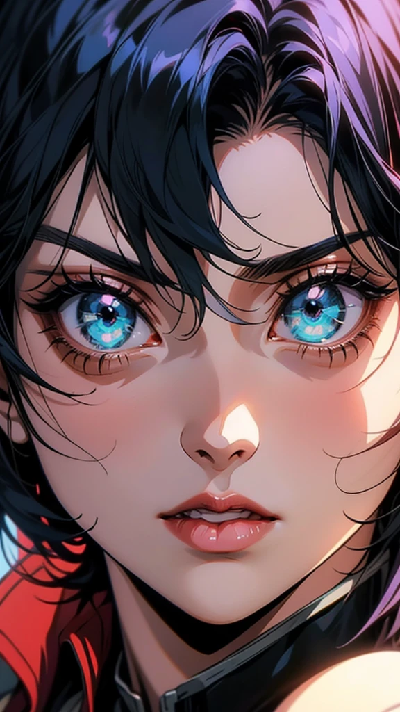 Anime girl with black hair and blue eyes looking at the camera, Attack on Titanより, (Attack on Titanアニメ), Close-up of a young anime girl, Young woman anime visual, Attack on Titan, Today's featured anime is still, Mikasa Ackerman, close!!!!!, Another close-up of Iwakura, Extremely close up shot, close!!