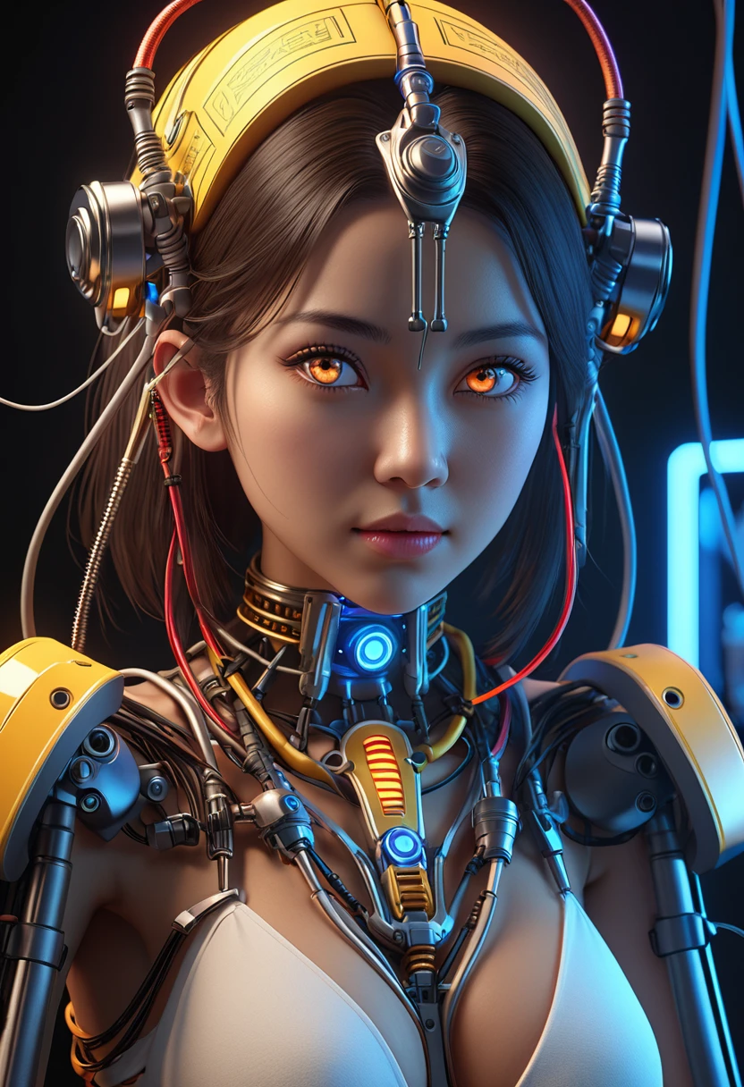 1机械女孩,((Ultra-realistic details)), portrait, Global Illumination, shadow, Octane Rendering, 8K, Extremely sharp,Metal,complex, Accessory details, Cool colors, Egyptian details, highly complex details, Realistic lighting, Popular on CGsociety, Glowing eyes, Face the camera, Neon light details, Mechanical limbs,Blood vessels connected to the tubes,A mechanical vertebrae attached to the back,Mechanical cervical fixation,sit,Wires and cables to the head