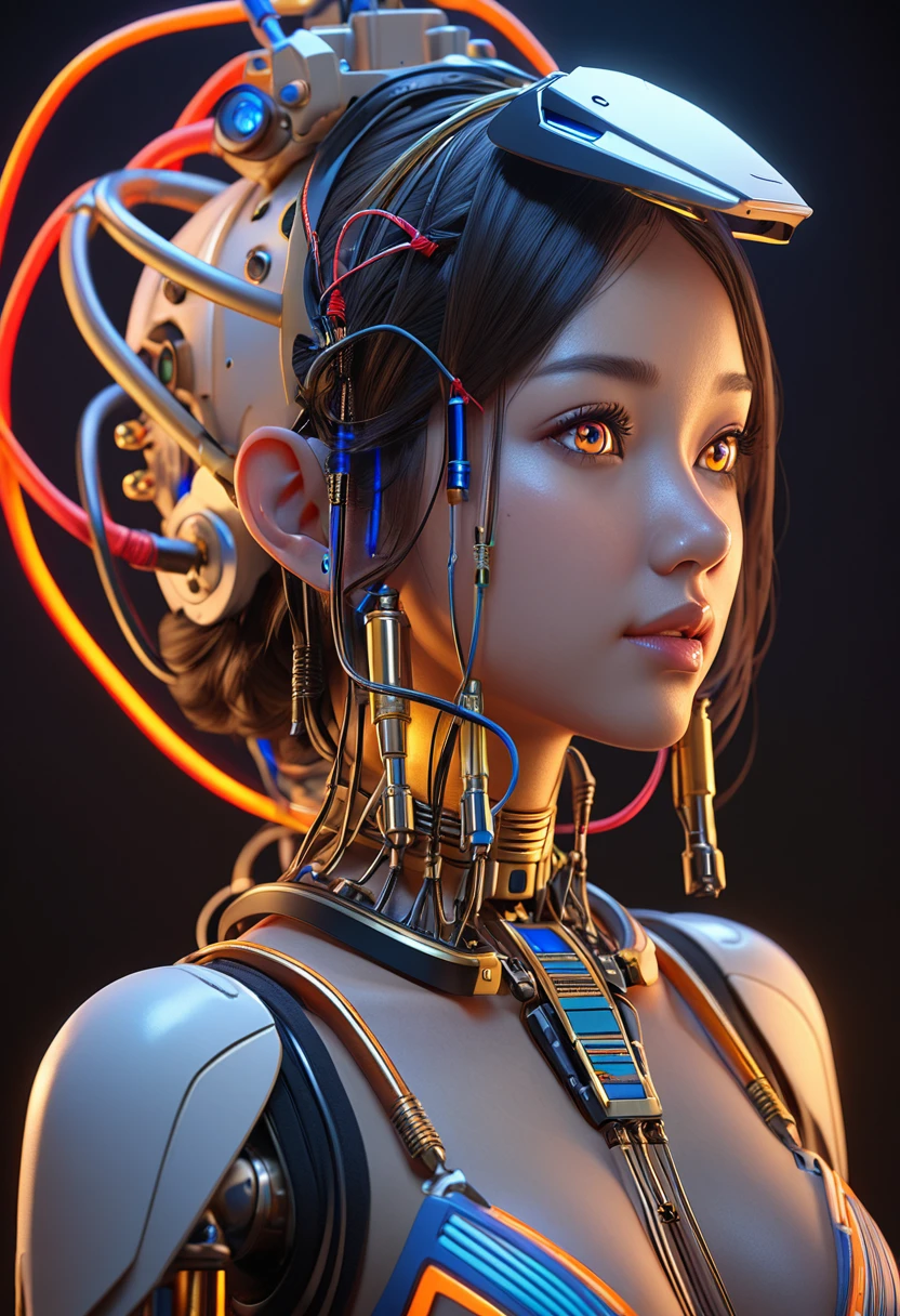 1机械女孩,((Ultra-realistic details)), portrait, Global Illumination, shadow, Octane Rendering, 8K, Extremely sharp,Metal,complex, Accessory details, Cool colors, Egyptian details, highly complex details, Realistic lighting, Popular on CGsociety, Glowing eyes, Face the camera, Neon light details, Mechanical limbs,Blood vessels connected to the tubes,A mechanical vertebrae attached to the back,Mechanical cervical fixation,sit,Wires and cables to the head