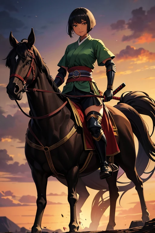 Anime Art、Full body portrait、Warlords of the Three Kingdoms、A dark-skinned woman of about 25 years old, around 150cm tall, wearing dark green clothing, riding a large horse and holding a naginata in her hand.、Condescending smile、Short medium hairstyle、Black Hair、Wearing arm guards and leg guards