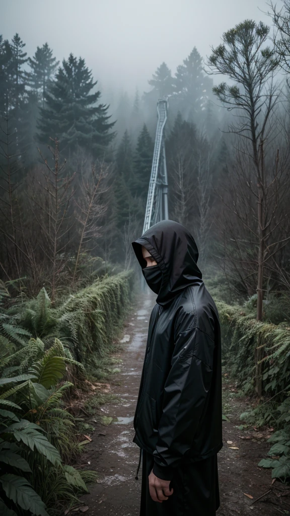 solitary figure in flowing lightweight black garments and a clearly visible balaclava, gripping a broken roller coaster track with one hand, dense fog enveloping the scene, scattered debris and overgrown plants, foggy ambiance, aura of mystery and loneliness, suspenseful and haunting, seen from a side angle, normal lens, ambient diffused light