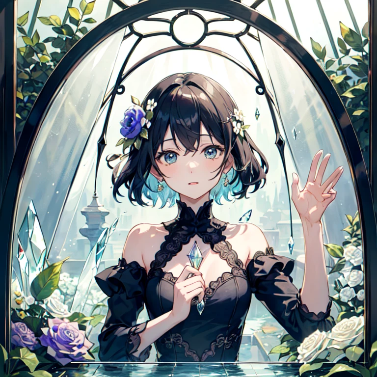The combination of women and flowers，Colorful，dream，conservatory，(((All are made of glass)))，((crystal))，water surface，((Ultra-high detail))，a girl，There are many flowers on the body，dynamic poses，looking into camera，As if he had something to say，best picture