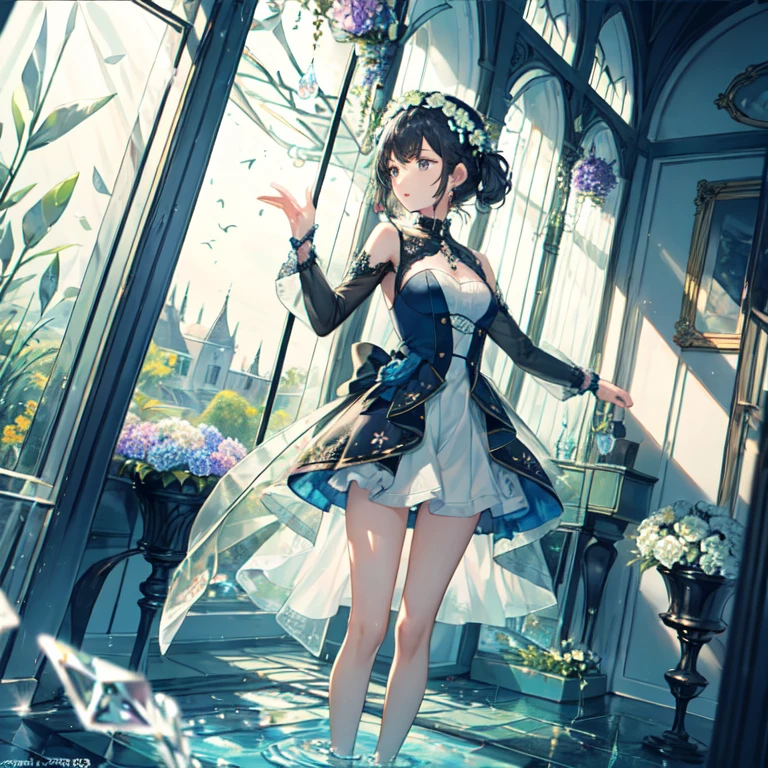 The combination of women and flowers,Colorful,dream,conservatory,(((All are made of glass))),((crystal)),water surface,((Ultra-high detail)),a girl,There are many flowers on the body,dynamic poses,looking into camera,As if he had something to say,best picture