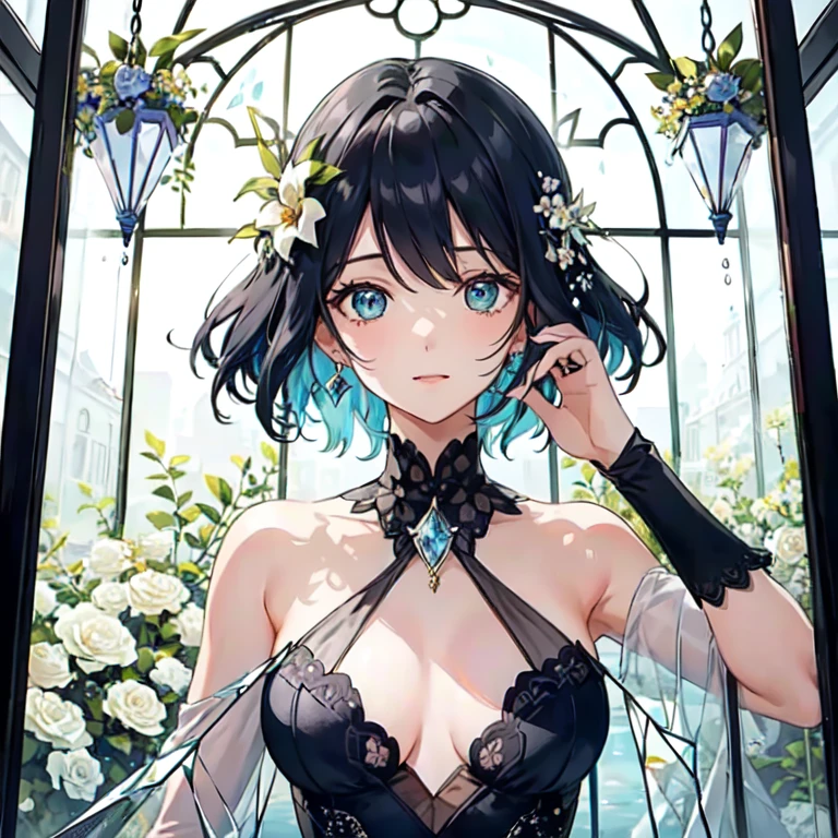 The combination of women and flowers,Colorful,dream,conservatory,(((All are made of glass))),((crystal)),water surface,((Ultra-high detail)),a girl,There are many flowers on the body,dynamic poses,looking into camera,As if he had something to say,best picture