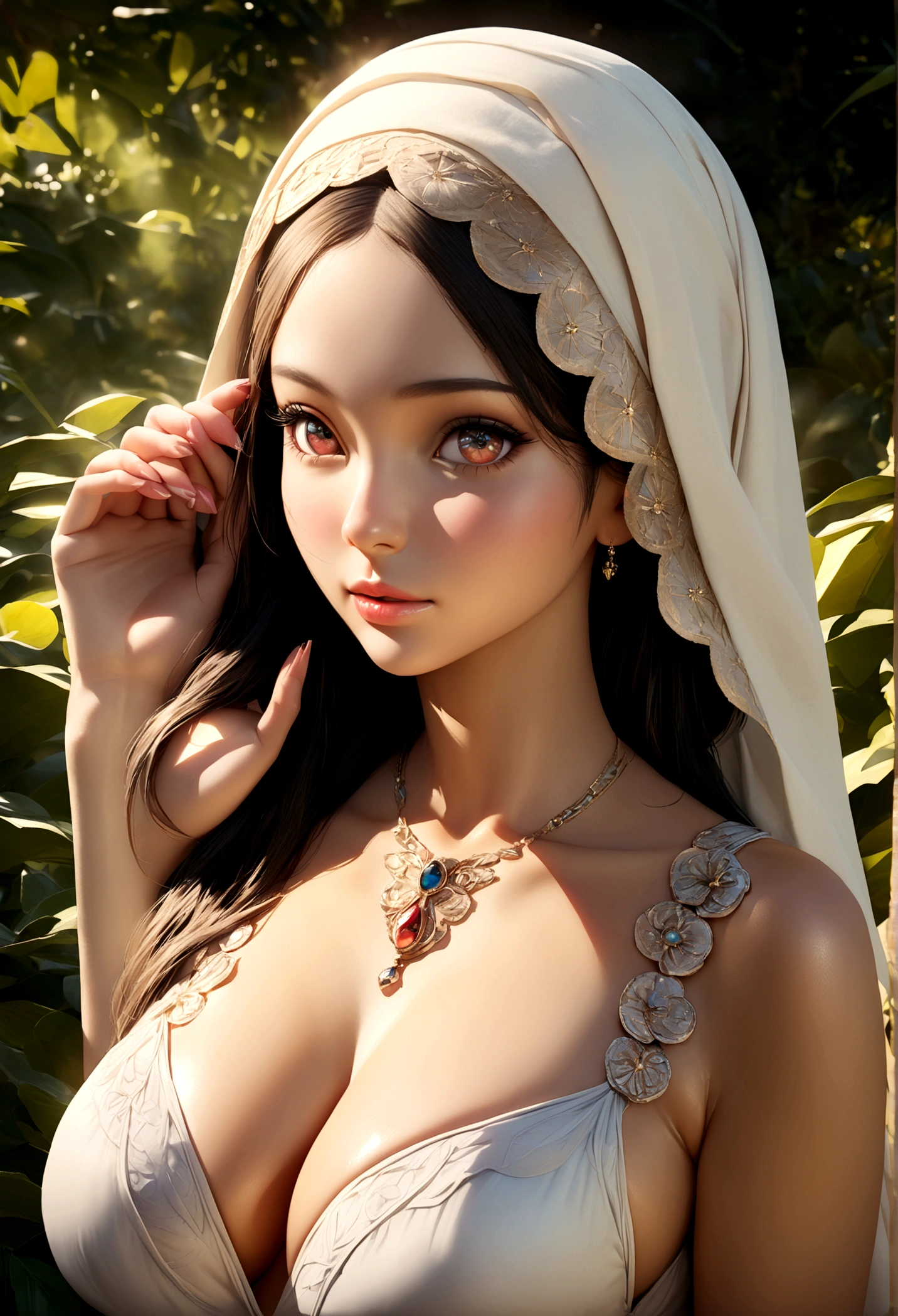 A beautiful young Malaysian woman, hijab covering her hair, busty figure, wearing a sheer summer dress, glamorous poses in a lush garden at sunrise, 1girl, beautiful detailed eyes, beautiful detailed lips, extremely detailed face, long eyelashes, photorealistic, 8k, high quality, intricate details, masterpiece, vibrant colors, warm lighting, natural lighting, cinematic, portrait photography style