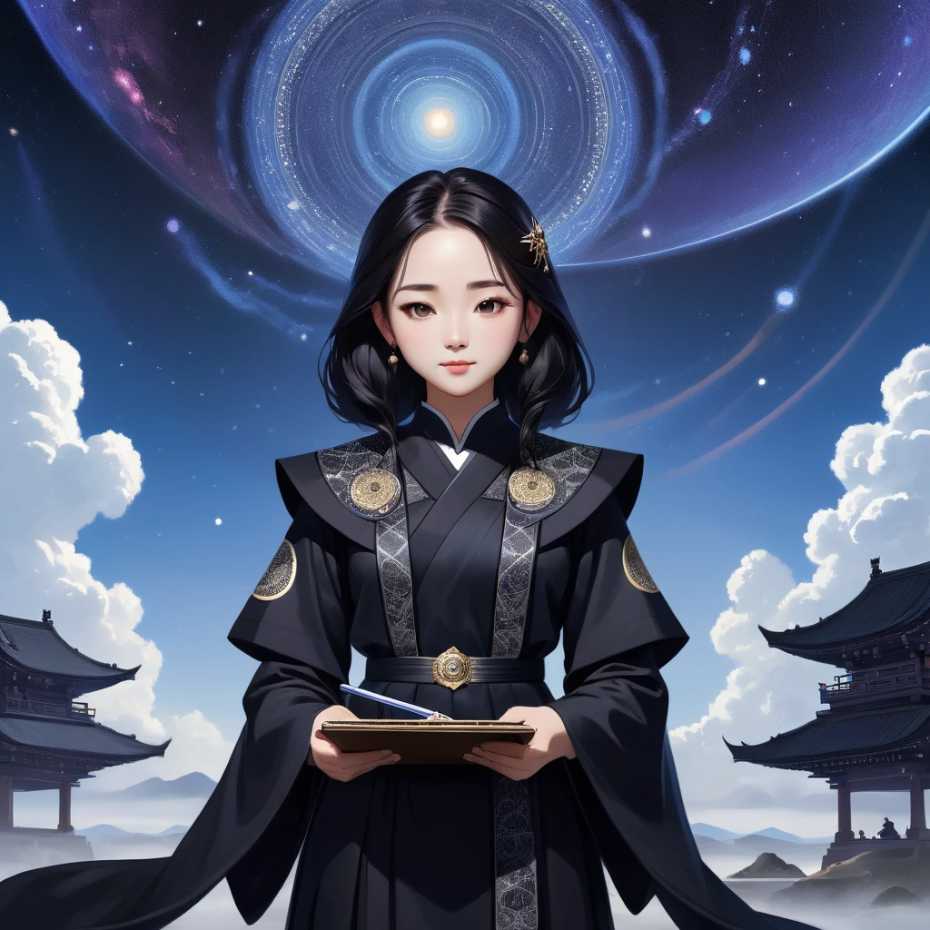 A Severe Judge's loyal Assistant with a clipboard in hand, a meticulous young woman, embodying precision and diligence, stands erect in a serene cosmic landscape. She wears a traditional professional attires, its pristine black fabric exuding cleanliness and rigor. The intricate patterns, delicately woven, as if infused with dark cosmic energy. 