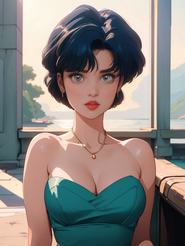 1girl, detailed facial features, beautiful intricate eyes, alluring red lips, long eyelashes, delicate skin, dynamic pose, elegant vintage dress, retro pin-up style, cinematic lighting, warm color palette, (best quality,4k,8k,highres,masterpiece:1.2),ultra-detailed,(realistic,photorealistic,photo-realistic:1.37),cinematic,dramatic,film noir, akane_tendo-ranma, 