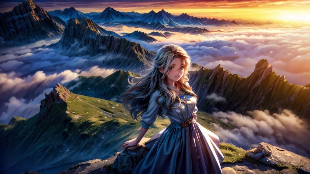 a beautiful girl standing on the top of a mountain, watching the sunrise from the sea of clouds, intricate detailed face and eyes, beautiful flowing hair, elegant dress, cinematic lighting, epic landscape, golden hour lighting, dramatic clouds, mountainous terrain, mist and fog, photorealistic, 8k, high quality, masterpiece, vibrant colors, natural lighting