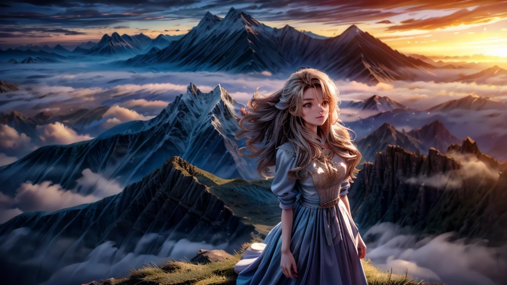 a beautiful girl standing on the top of a mountain, watching the sunrise from the sea of clouds, intricate detailed face and eyes, beautiful flowing hair, elegant dress, cinematic lighting, epic landscape, golden hour lighting, dramatic clouds, mountainous terrain, mist and fog, photorealistic, 8k, high quality, masterpiece, vibrant colors, natural lighting