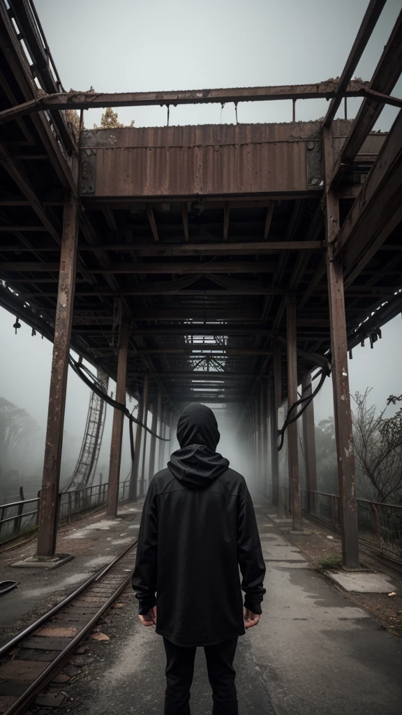 man in loose, lightweight black clothing, wearing a prominently visible balaclava, hanging by one hand from a decrepit roller coaster track, gazing into the foggy distance, rusted structure and tangled vines, eerie atmosphere, sense of mystery and solitude, suspenseful mood, viewed from behind, wide-angle lens, soft, diffused lighting