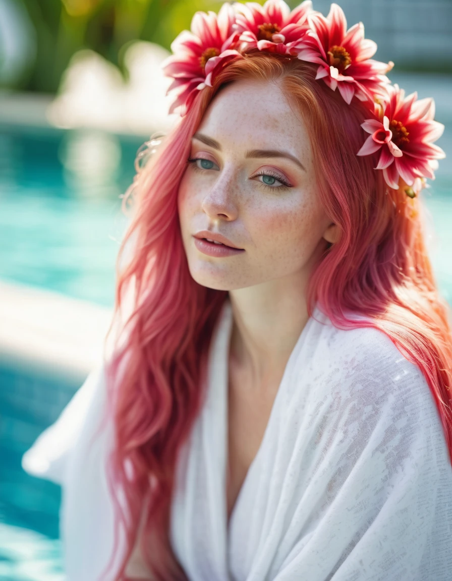 beautiful woman with long pink hair wearing( a white blanket blouse), with a red flower in front of her covering one eye and part of her face, natural sunlight,sitting in outside the pool of Maldives , light colors, bokeh style, in the style of ultrafine detail, high-quality photo
