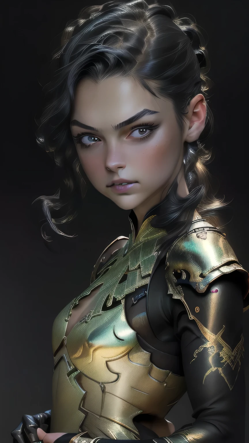 (RAW Photos, Realistic, photoRealistic), German Fairy, One girl\(change\) and (((metallic)) Black Dragon, German Girls, bread, glaring dark gRay background, dragon bread, slim, Sensia Style, Cinema Lighting, Accent lighting, Strong Rim Light, dramatic_Shadow, Ray_ trace, 8K, High resolution, (sexy, Leotard armor), masterpiece, 最high quality, high quality, High resolution、black eye、Upper body portrait