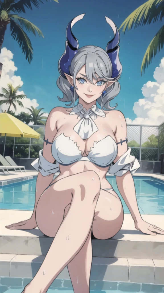High level image quality best image quality 8K woman pool partyn palm trees more colors whole body view portrait bikini horn ears short hair((shortcut)(gray hair)(perm)(fluffy)) eye color is blue , , attractive evil face , smile , sexy pose labrynth , barearm , wearing white shirt , sitting by the pool , crossed legs , all wet , wet hair , view foot arc