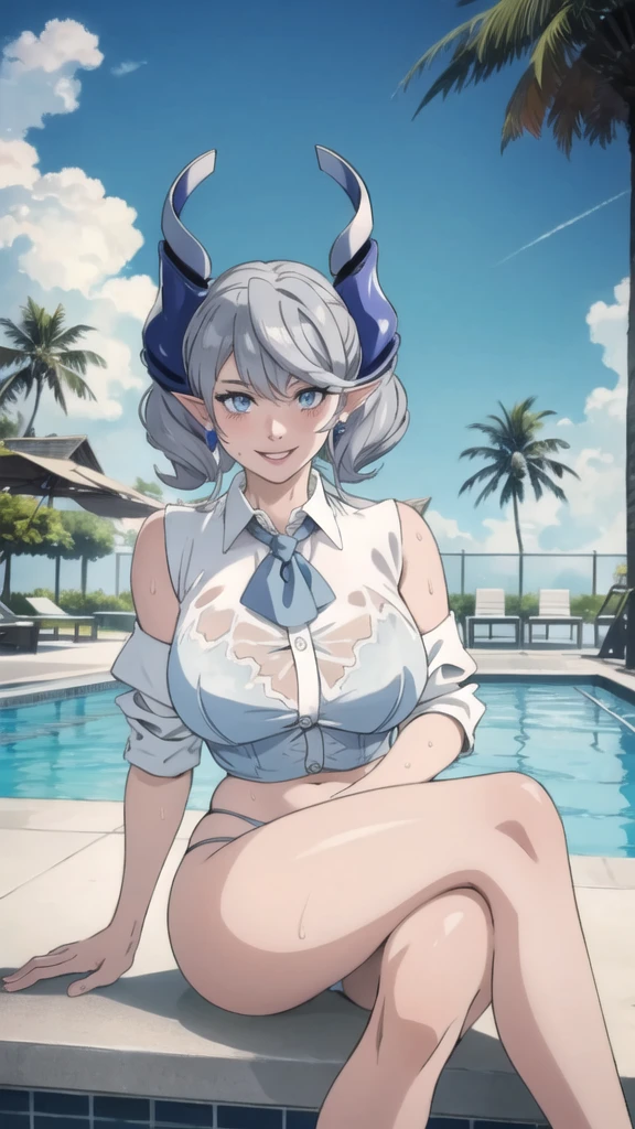 High level image quality best image quality 8K adult woman pool party rain palm trees more colors whole body view portrait bikini horn ears short hair((shortcut)(gray hair)(perm)(fluffy)) eye color is blue , , attractive evil face , smile , sexy pose , labrynth , barearm , wearing white shirt , sitting by the pool , crossed legs , all wet , wet hair , view foot arc