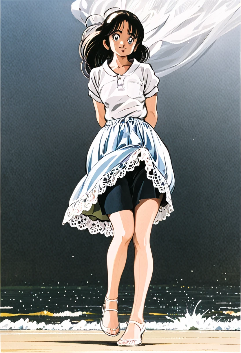 音無響子
Low - Angle、
Low - Angle、Long skirt、Hold down your skirt that is being blown up by the strong wind、Anime white panties in a strong wind、Crotch is visible
ローレグのパンツ、Color: White、
Crotch is visible、
、Lined、White lace lining、