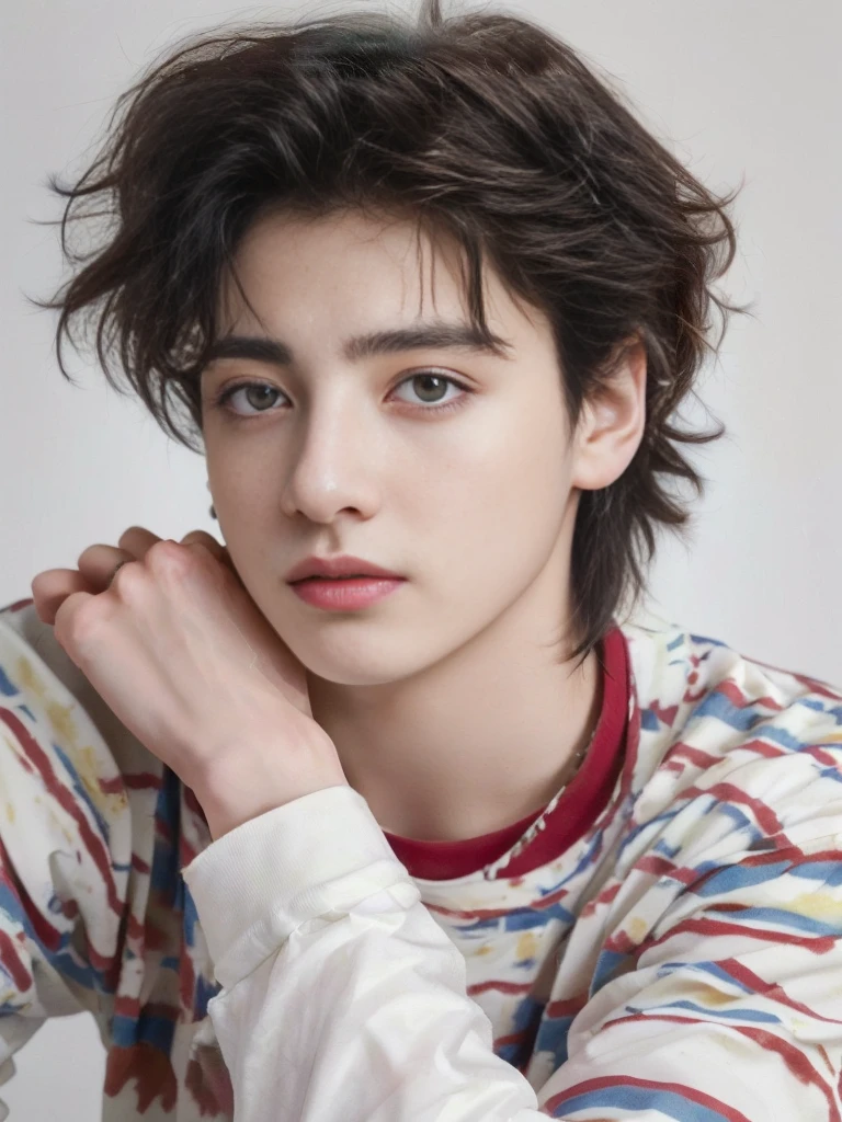 A closeup of a young man with a messy haircut, Timotee Chalamet, jeon jungkook, portrait of Timotee Chalamet, cute androgynous prince, delicate androgynous prince, jungkook, high-quality portrait, beautiful young model, androgynous man, beautiful young man, Beautiful young man, jungkook from bts, Tommy 1 6 years, perfect face and boy, editorial model, Jeon Jungkook from bts 