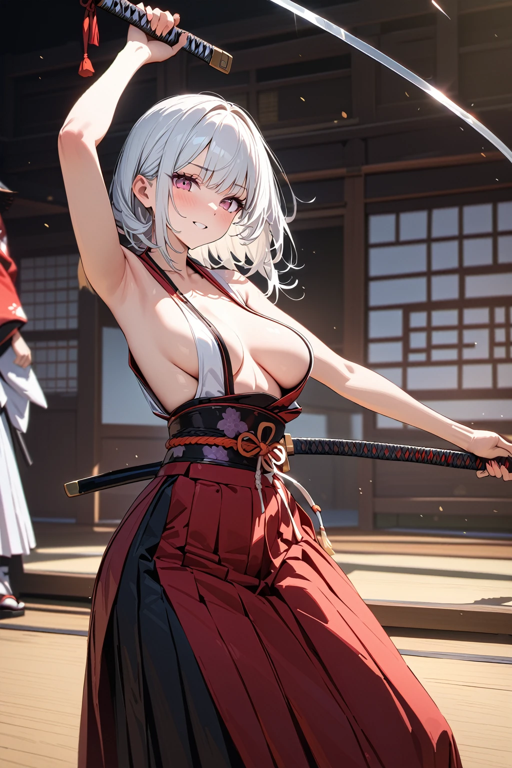 (masterpiece, best quality:1.5), (ultra detailed, high resolution, 8k, beautiful detailed, UHD, best anatomy), 1 cute girl, white hair, medium breasts, Women's Hakama, Japanese Samurai, Japanese sword, sword dance, 