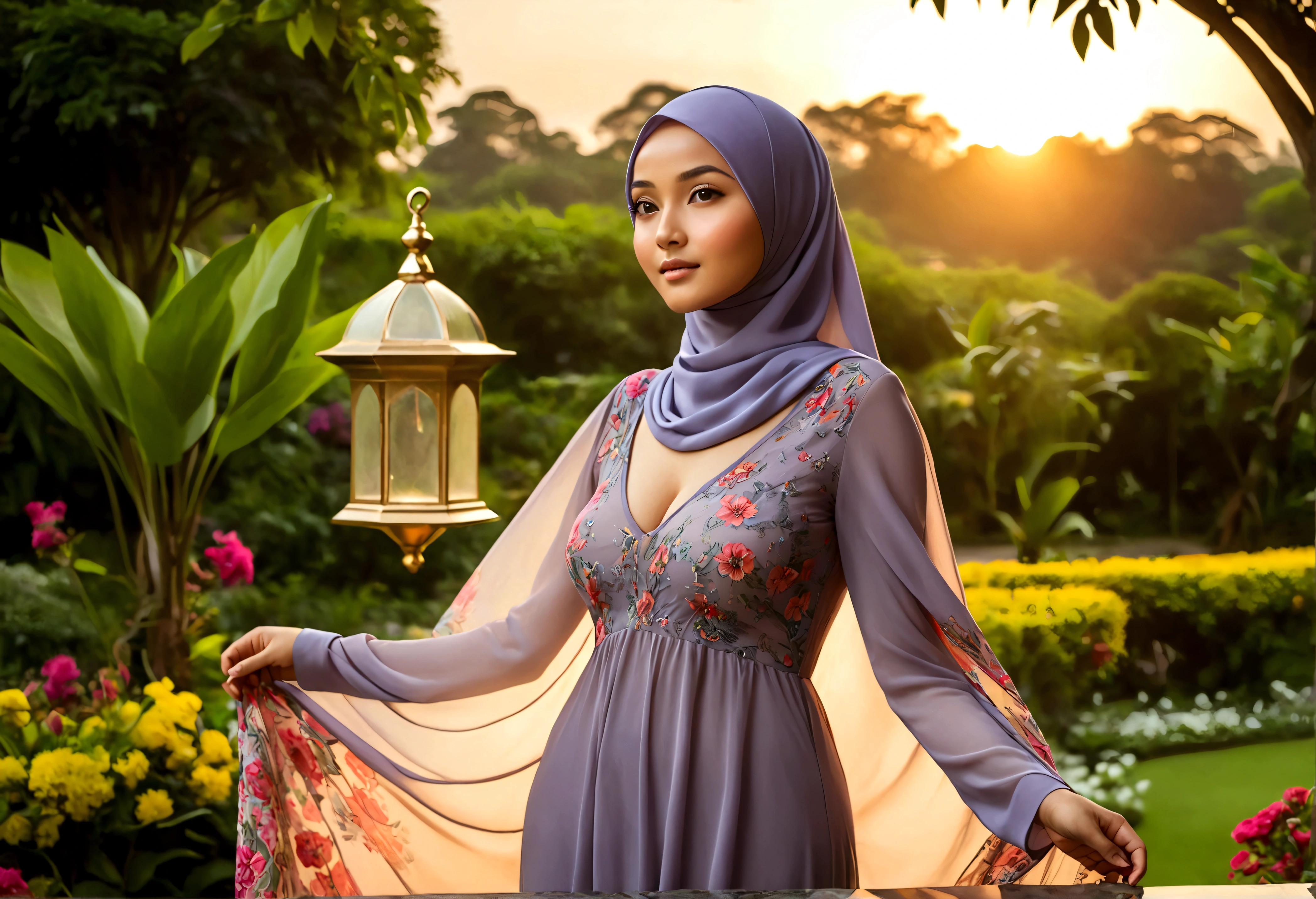 A lovely Malaysian woman (age 20, hijab no hair showing, busty, sheer summer dress (no underwear)), glamour poses in lavish garden at sunrise