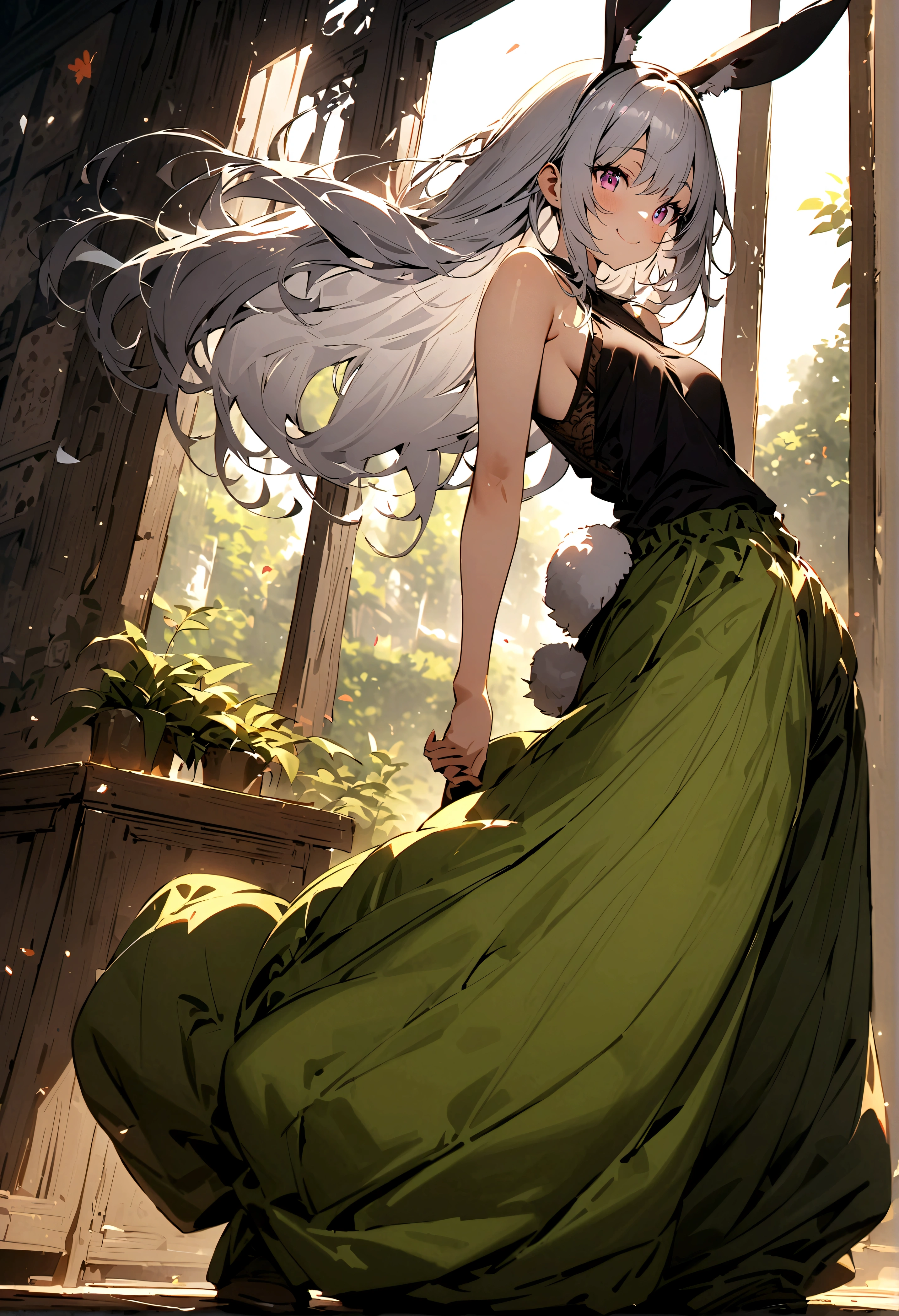 (Lovely,hairy,Rabbit ears,Silver Hair,Long hair,Baggy pants,Tail,Smile)，Beautiful nature, rest，masterpiece,high resolution,top-quality