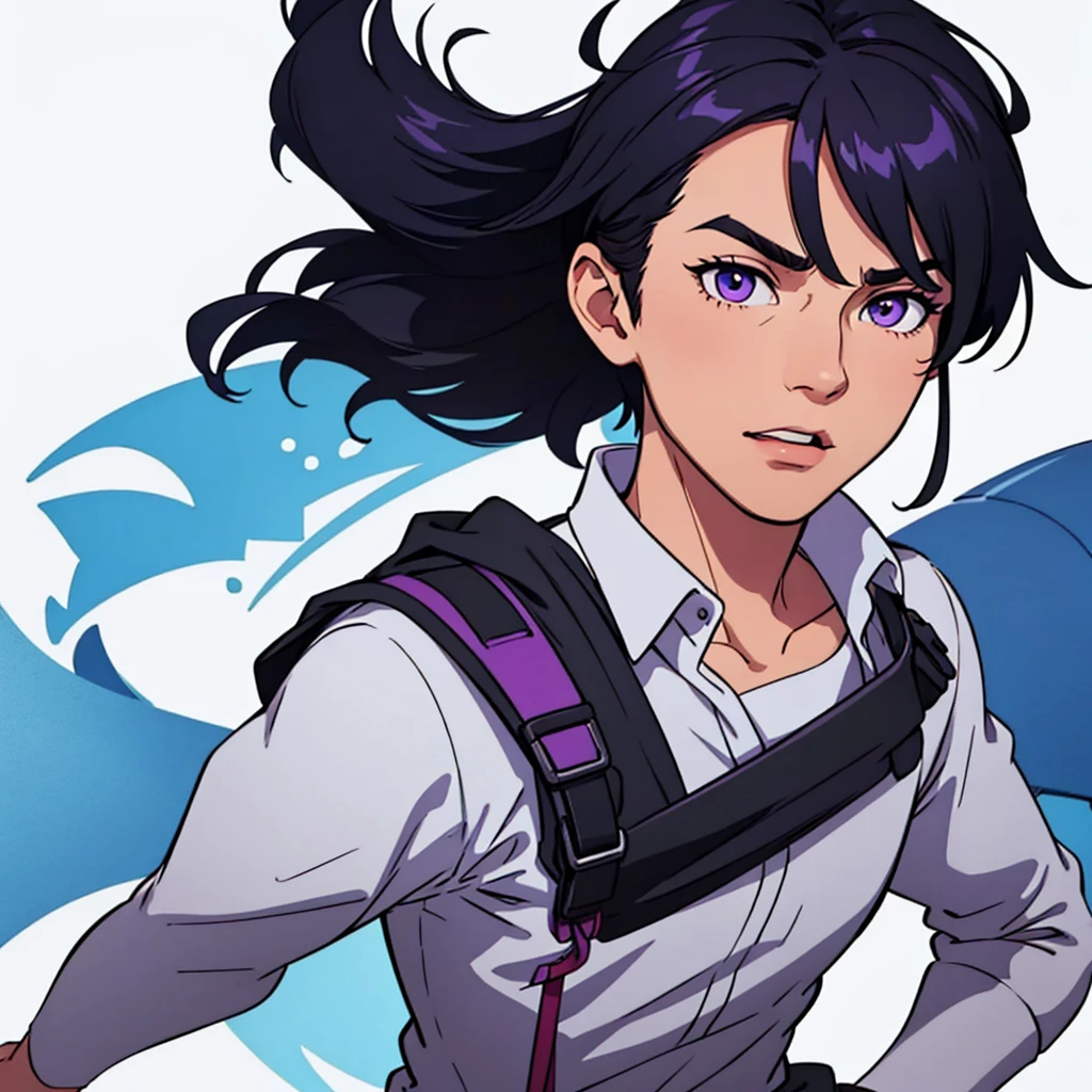 full face visible, looking towards camera, looking forward, short black hair, highres, high resolution, masterpiece, wide purple eyes, talking, neutral face, confident, masterpiece, best quality, highres, 1 man, 1 person, 1 entity, Baro Shoei blue lock, extremely short hair, black hair, short hair, teenager, colorful hair, light background, full body, teenager, colorful parts, symbols, dark , bold, realistic mixing dark lines and loose lines, bold lines, on paper, human man, full body, imposing pose, stylish outfit, dark theme, handsome, attractive, boastful, standing, male, sharp chin, wide jaw, square face, white background, highres, high resolution, masterpiece, mouth open, mouth talking, talking speaking, mouth moving, raised eyebrows, upraised eyebrows, upturned eyebrows, happy eyes, happy eyebrows