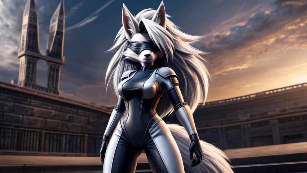Loona from Helluva Boss, female white wolf, anthro, mature adult, fluffy short white hair, blindfold, bunny bodysuit armor, standing, serious, detailed, solo, beautiful, high quality, 4K