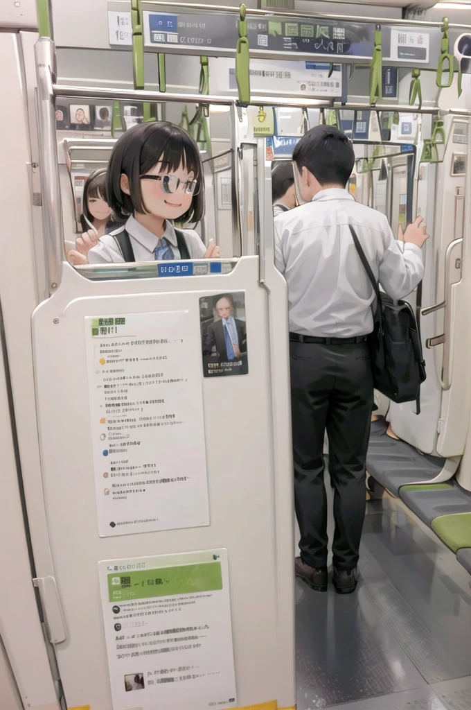 Highest quality, Super detailed, figure,
Multiple Girls, , Black Hair, Glasses, school bag, smile, Laughter, View your viewers, crowded train、Lots of schoolgirls、1man、A man stands behind a woman、A man is touching a woman's ass、
e235, Inside the train, scenery, Sheet, window, screen, Realistic, photograph background, photograph (Moderate), photographRealistic, close