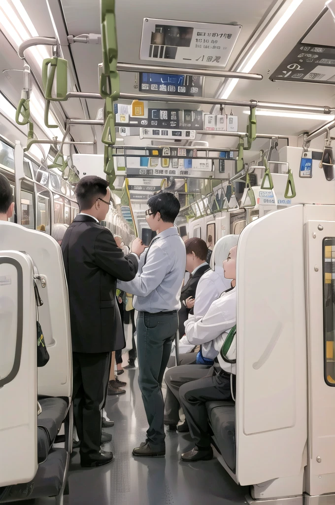 Highest quality, Super detailed, figure,
Multiple Girls, , Black Hair, Glasses, school bag, smile, Laughter, View your viewers, crowded train、Lots of schoolgirls、１man、A man stands behind a woman、A man is touching a woman's ass、
e235, Inside the train, scenery, Sheet, window, screen, Realistic, photograph background, photograph (Moderate), photographRealistic, close
 