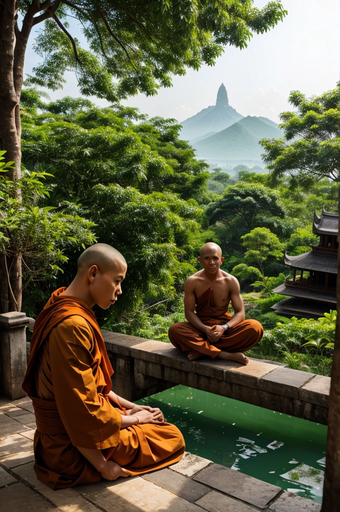 A monk is sitting in below of banyantree