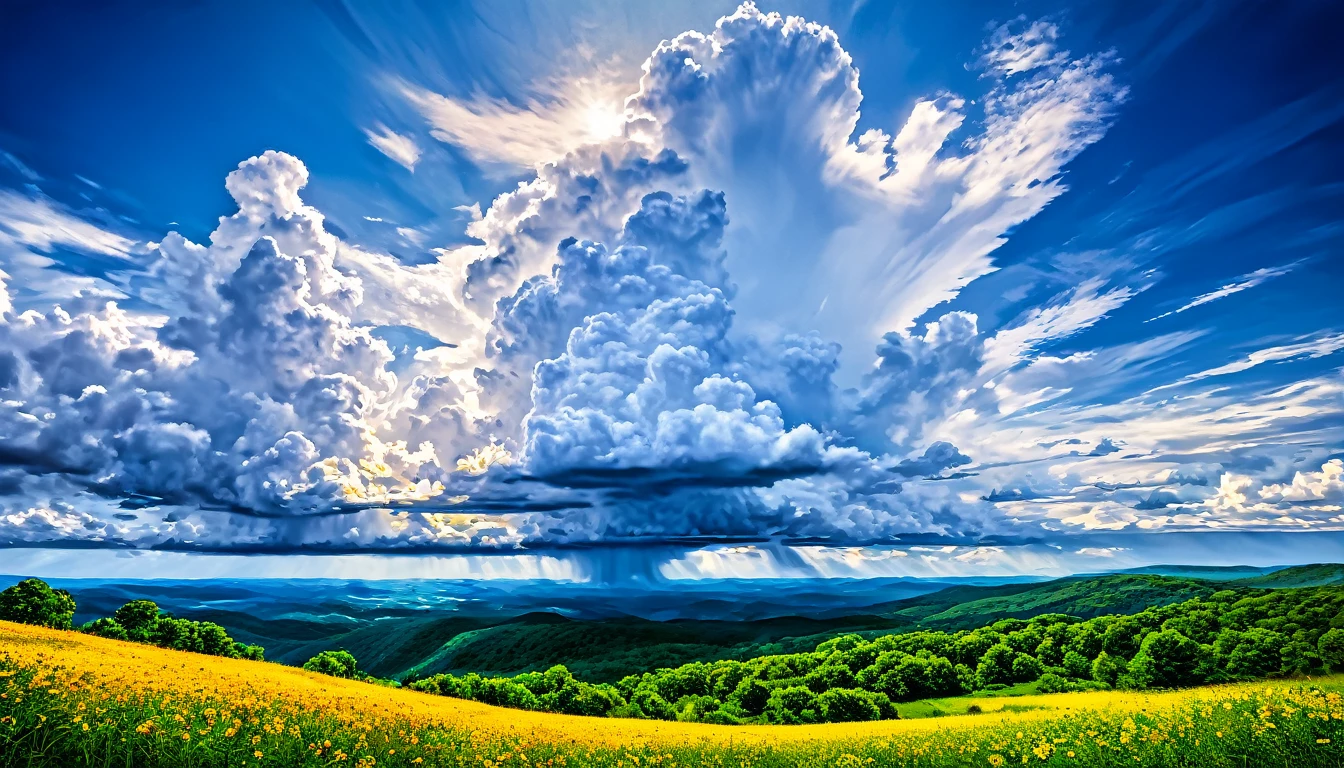 Summer sky (Painterly style), Realistic, highly Realistic, Attention to detail, breathtakingly Realistic, High contrast realism, High Saturation Realism, Vibrant colors, Dramatic lighting, Fascinating landscape, Persuasive storytelling, Atmospheric scene, Captivating visuals, Intricate details, Strong emotions, Heavenly Beauty, A dreamlike world