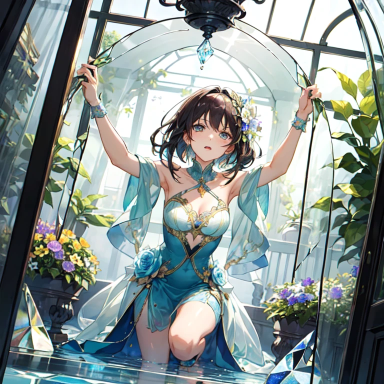 The combination of women and flowers，Colorful，dream，conservatory，(((All are made of glass)))，((crystal))，water surface，((Ultra-high detail))，a girl，There are many flowers on the body，dynamic poses，looking into camera，As if he had something to say，best picture