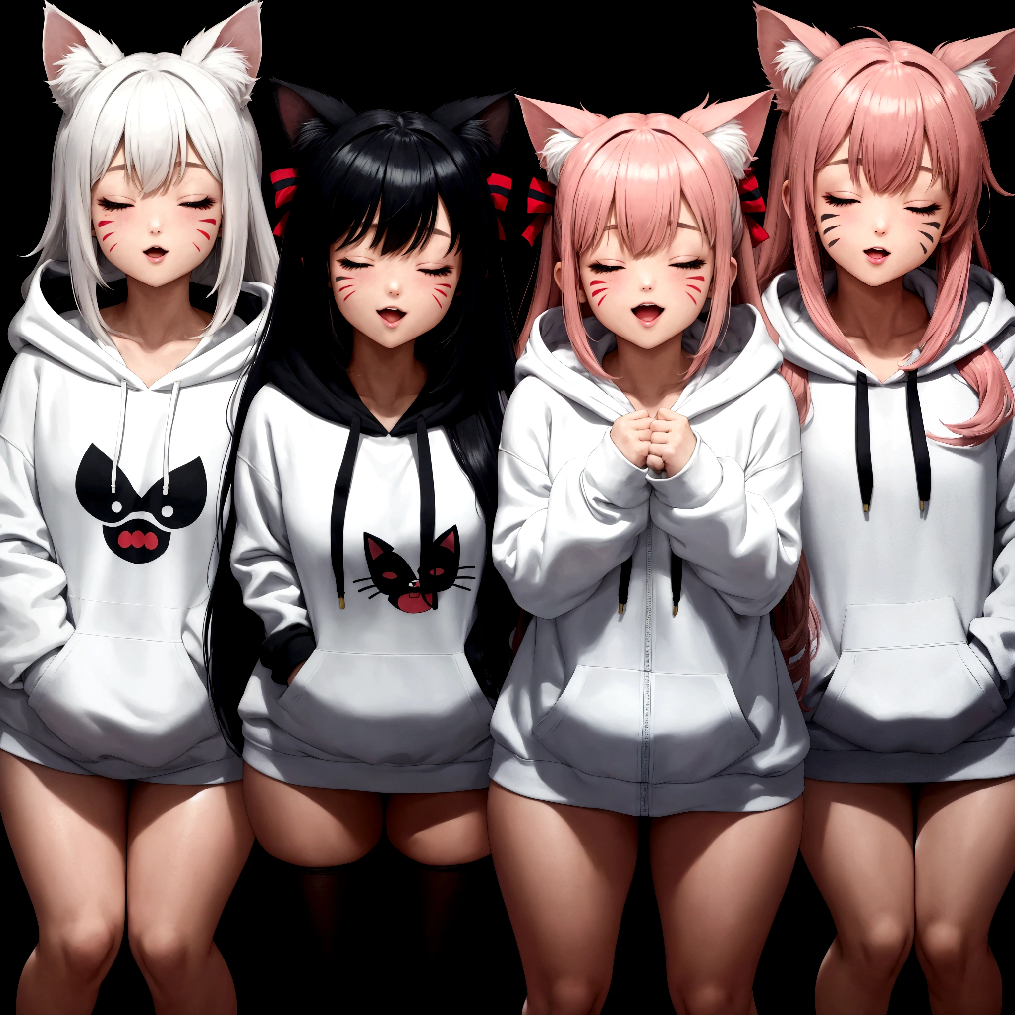 score_9, score_8_up, source_anime, CheshireMGE, two-tone hair, long hair, hair bow, cat paws, facial mark, striped tail, smile, open mouth, white hoodie, long sleeves, oversized hoodie, bottomless, thick thighs, v, simple background, white background,