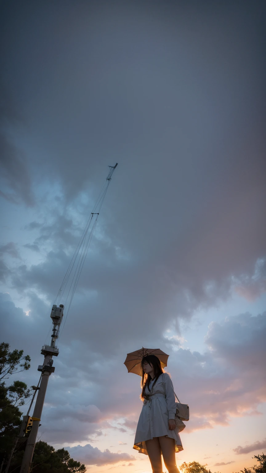 ((crane))、Rainy Sky、((1girl)),from below