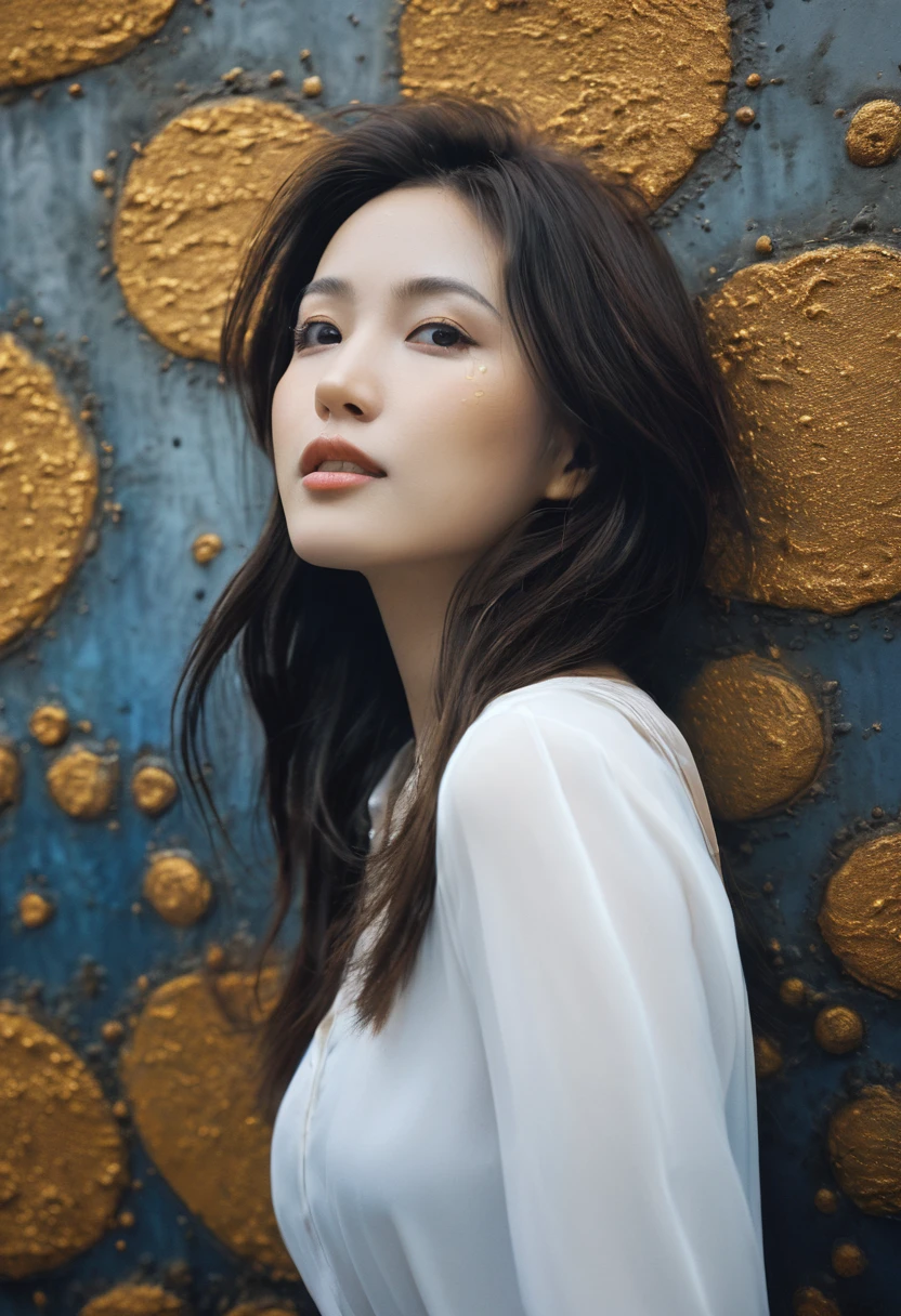 (realistic:1.3) , finely detailed, quality, (masterpiece:1.2) , (photorealistic:1.2) , (best quality) , (detailed skin:1.3) , (intricate details) , ray tracing, dramatic, 1 girl portrait, (Best Quality, HDR, raw),solo woman, ((dark amber hair pulled back in hairband)), dreamy cumulus land, extraordinary, , flowing evening, she's intrudes, giant dark embraces, hidden, floating, mud the air molecules are alive, the background hand-painted MURAL biological machine, painted background, (hand tinted amber), as she makes her way, no makeup, natural, ethereal lovely, dark shadows and DEEP colors,night, messy hair, film grain, retro, Porta 160 color, shot on ARRI ALEXA 65, long depth of field, raw