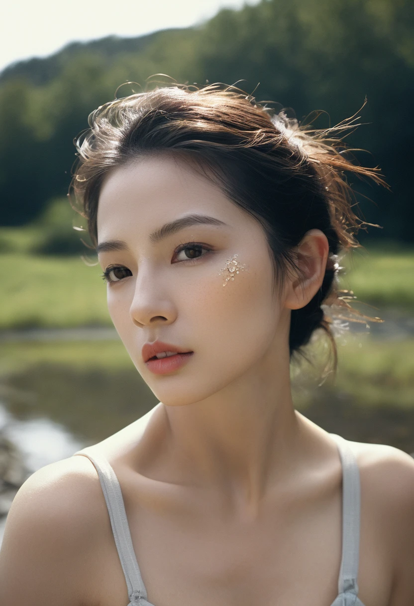 (realistic:1.3) , finely detailed, quality, (masterpiece:1.2) , (photorealistic:1.2) , (best quality) , (detailed skin:1.3) , (intricate details) , ray tracing, dramatic, 1 girl portrait, (Best Quality, HDR, raw),solo woman, ((dark amber hair pulled back in hairband)), dreamy cumulus land, extraordinary, , flowing evening, she's intrudes, giant dark embraces, hidden, floating, mud the air molecules are alive, the background hand-painted MURAL biological machine, painted background, (hand tinted amber), as she makes her way, no makeup, natural, ethereal lovely, dark shadows and DEEP colors,night, messy hair, film grain, retro, Porta 160 color, shot on ARRI ALEXA 65, long depth of field, raw