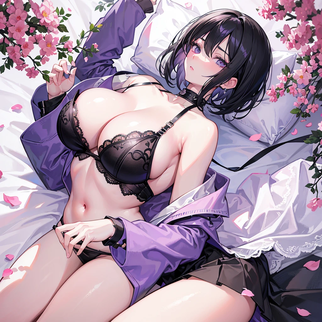 { - anatomy error} (Masterpiece - Ultra-detailed, very high resolution) (huge titusty, masterpiece, absurdres, hinata\(boruto\), 1girl, solo,mature female, off-shoulder bra, high waist black short skirt, looking at viewelling petals), perfect composition, detailed lips, big breast, beautiful face, body propotion, blush, (pink lips), short hair, (black hair), purple eyes, soft gaze, super realistic, detailed, photoshoot, realistic face and body, closed mouth, laying on the bed , lilac eyes, full body, lace clothes, perfect fingers (perfect fingers)
