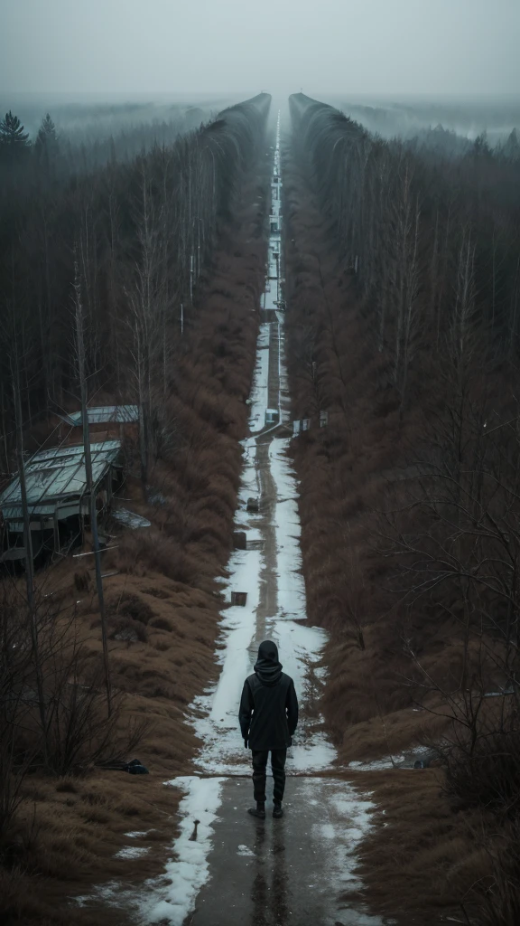 solitary figure in flowing lightweight black garments and a clearly visible balaclava, holding onto a broken track with one hand, looking out over the foggy, desolate amusement park, overgrown vegetation and scattered rubble, foggy ambiance, aura of mystery and loneliness, suspenseful and haunting, seen from a high angle, normal lens, ambient diffused light
