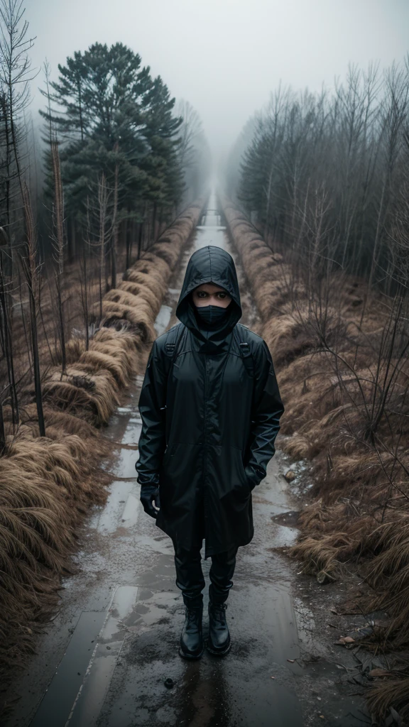 solitary figure in flowing lightweight black garments and a clearly visible balaclava, holding onto a broken track with one hand, looking out over the foggy, desolate amusement park, overgrown vegetation and scattered rubble, foggy ambiance, aura of mystery and loneliness, suspenseful and haunting, seen from a high angle, normal lens, ambient diffused light