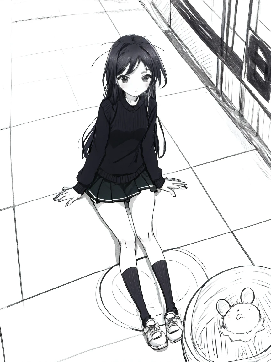 One Girl,Line art,Monochrome,sketch,Pencil drawing,Traditional Media,One Girl, Upper body,She's in trouble,pattern,sweater,Beaver ,Delicate body、mini skirt、black tights、Open leg pose、, Long sleeve, With legs apart, alone、(Cute Teenage Girl, alone),Beautiful portrait、Respect、Crying face、Seeking help、Black-haired、